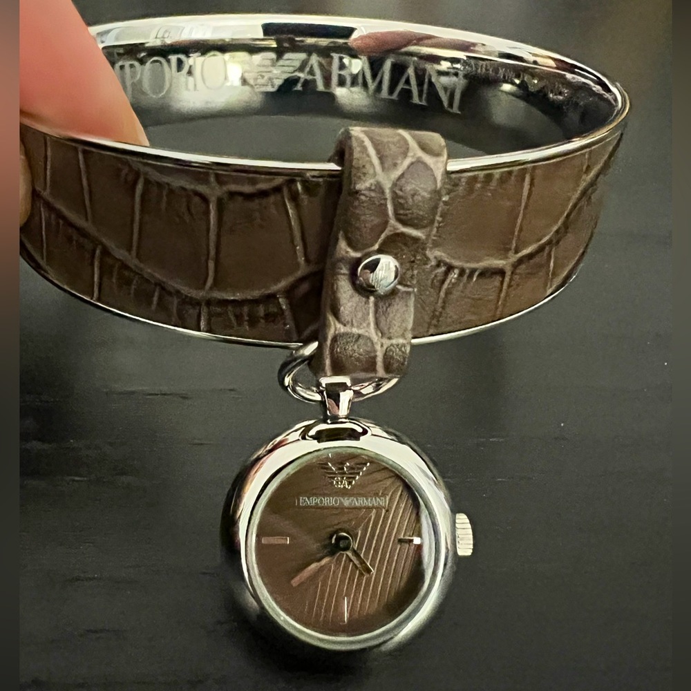 Emporio Armani. Bracelet with watch charm, brown faux leather.